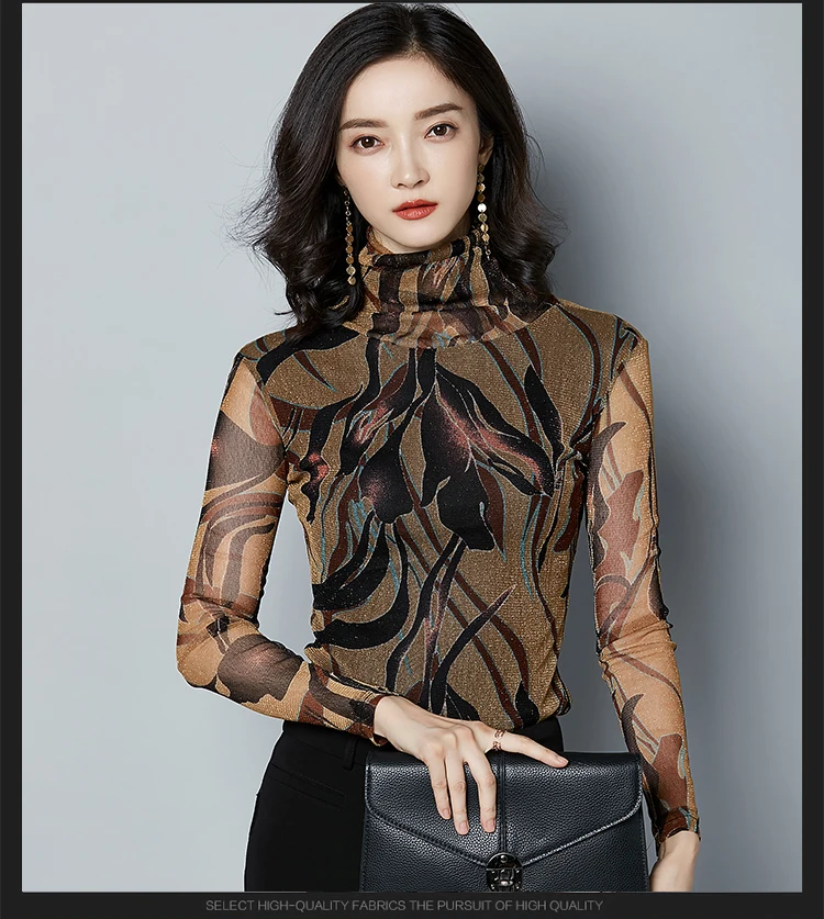 

Long Sleeve Turtleneck Printed Blouse Women Shirts fashion Blusas Mujer 2021 New Spring Women Clothes Tops Bright Silk Casual