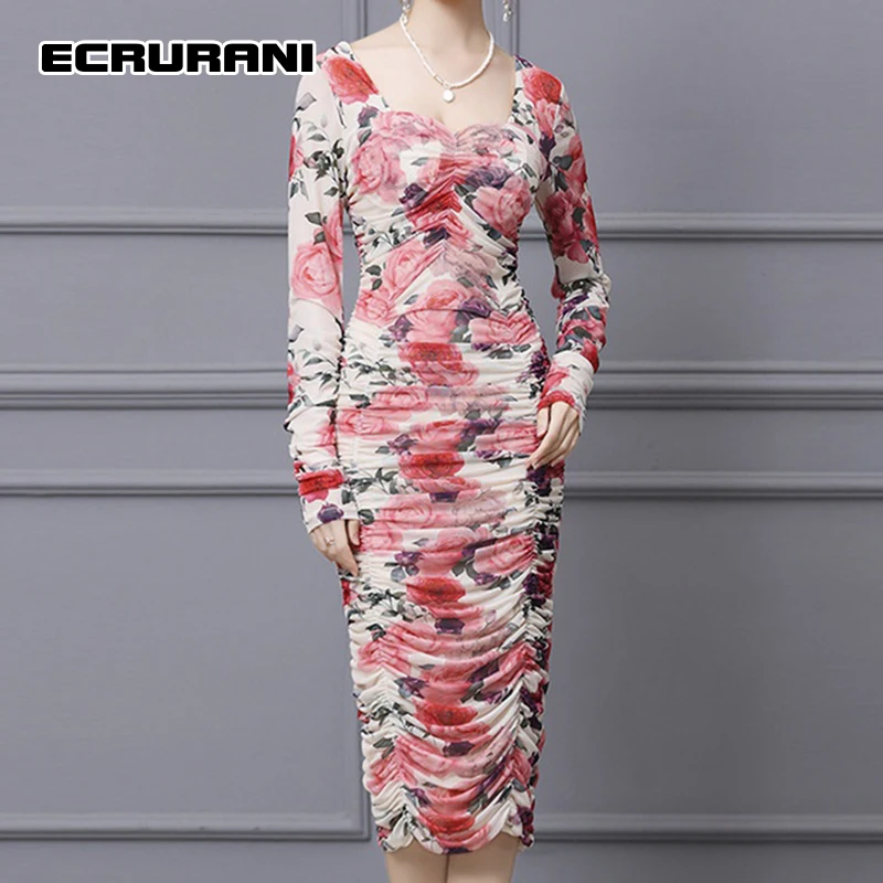 

ECRURANI Vintage Pink Print Dress For Women V Neck Long Sleeve High Waist Mid Floral Hit Color Dresses Female Clothes 2021 Style