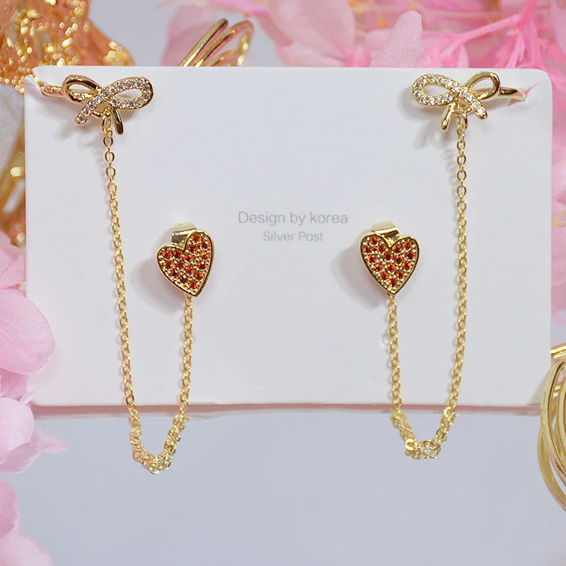 

2021 New Arrive Popular Design 14K Real Gold Bowknot Heart Earrings for Women Charm Jewelry Zirconia Stud S925 Silver Needle Hot