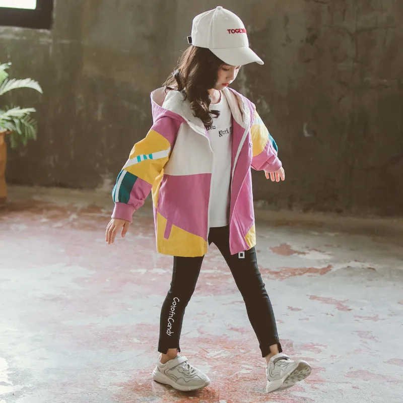 Куртки для девочек комбинированные пальто модная детская ветровка с капюшоном