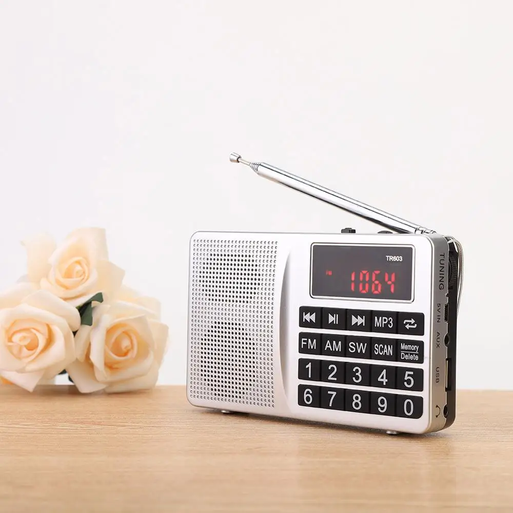 Портативное радио серебряное FM/AM/AW радиоприемник всех диапазонов с разъемом AUX 3 5