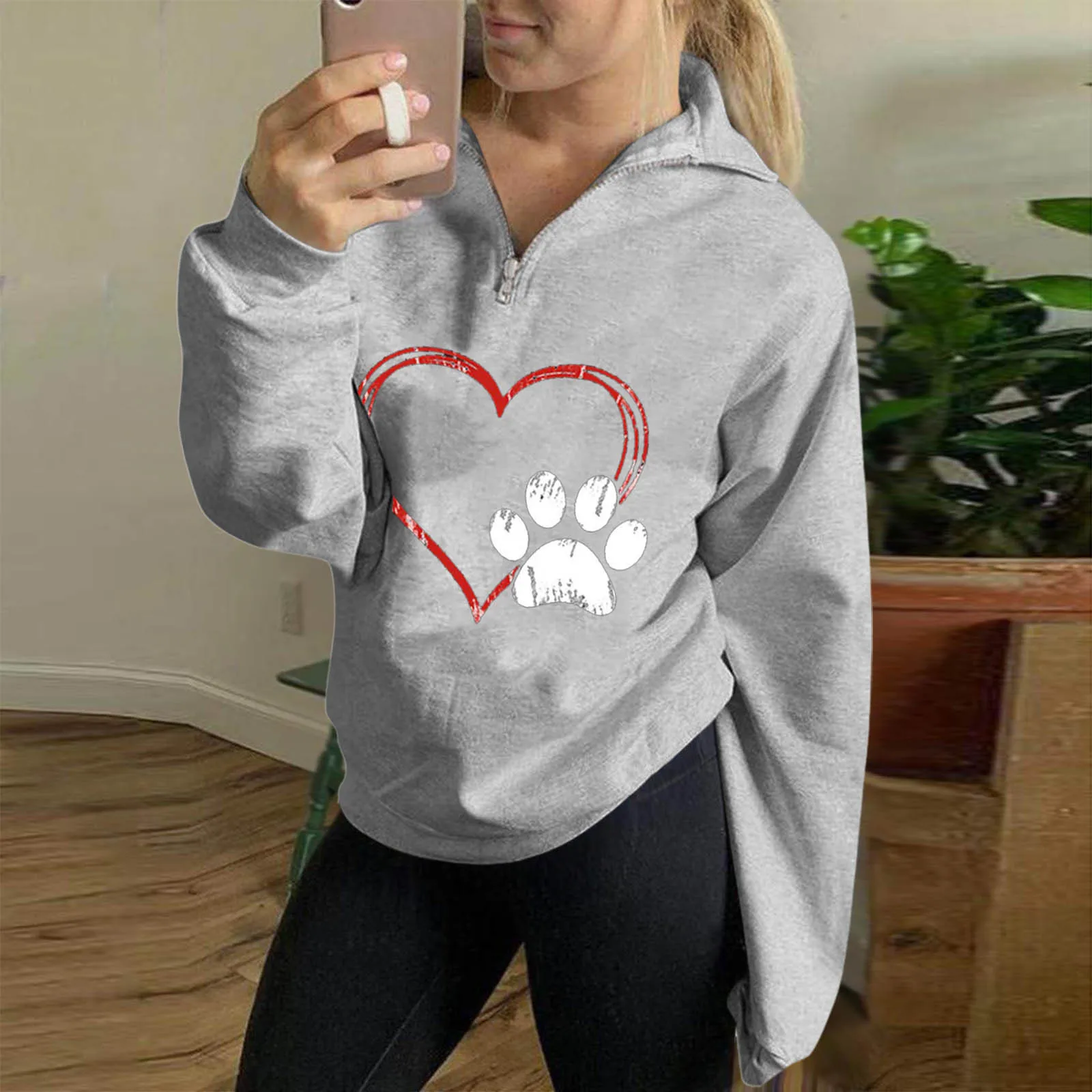 

Женские свитшоты на молнии, винтажные толстовки с капюшоном и принтом «лапка», осенняя Повседневная Свободная теплая толстовка с длинным р...