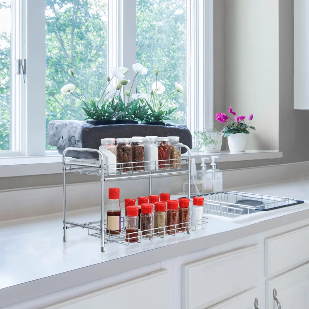 

BESTONZON 1PC 2-Tier Kitchen Spice Rack Countertop Storage Organizer Shelf Holder for Jars Bottle
