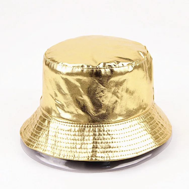 Gold Модная женская Повседневная Рыбацкая шляпа, Мужская однотонная Золотая Серебряная кожаная кепка с покрывалом - Цвет: Gold