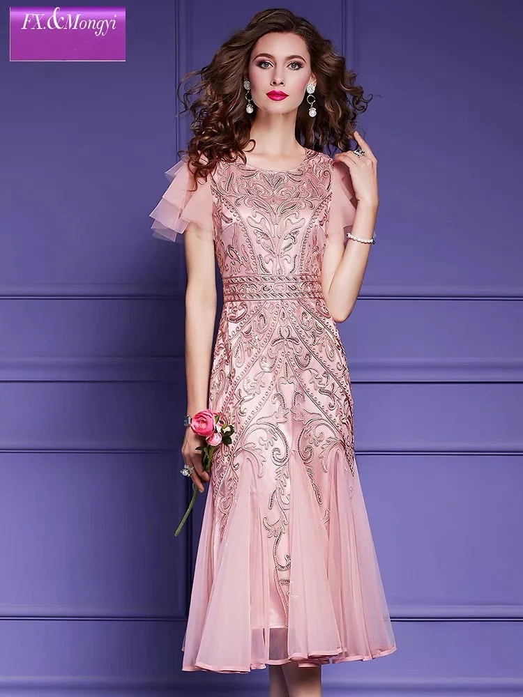 

Платье для матери невесты, с круглым вырезом и блестками