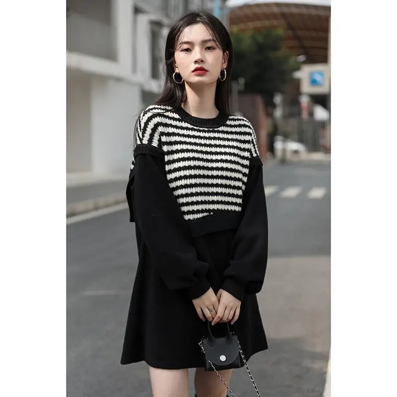 

Striped Knit Dress Women Casual Long Sleeve Loose Sweater Mini Dress Female 2021 Spring One Piece Dress Korean Winter Kawaii