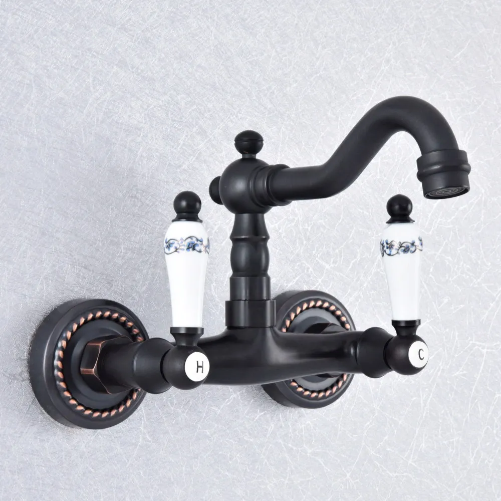 

Basin Faucets Oil Rubbed Bronze Bathroom Swivel Spout Faucet Wall Mounted Dual Ceramic Handles Vessel Sink Mixer Taps zsf745