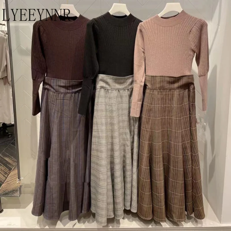 

LYEEYNNR O Neck Vintage Knitted Patchwork Plaid Dress Women Puff Sleeve Slim Waist Bandage Lace Up A Line Dresses Japan Style