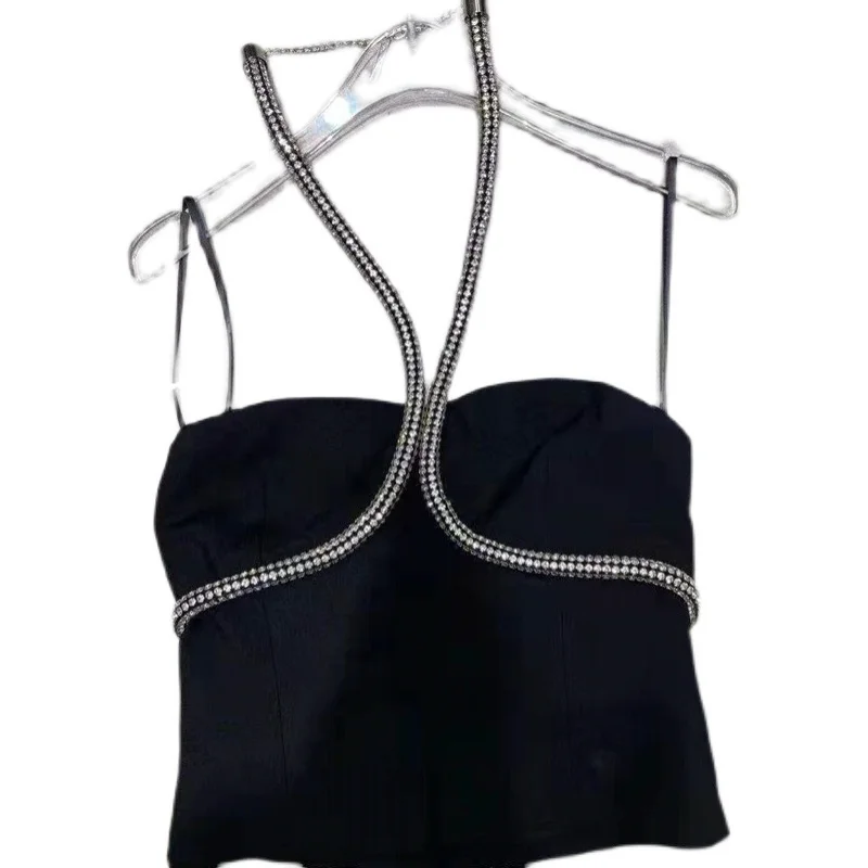 

Summer New Elegant Lady Diamond Halter Camisole Top Women's Simple Slim Fit Backless All-Match Black Tanks Tops Femme 2021