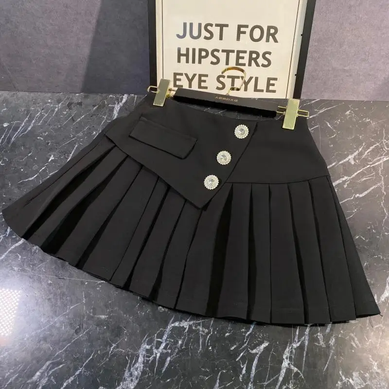 

Online Celebrity 2021 New Rhinestone Buckle Oblique Waist Splicing Anti-leakage Pleated Skirt Skirt Skirt Women High Fashion Y2K