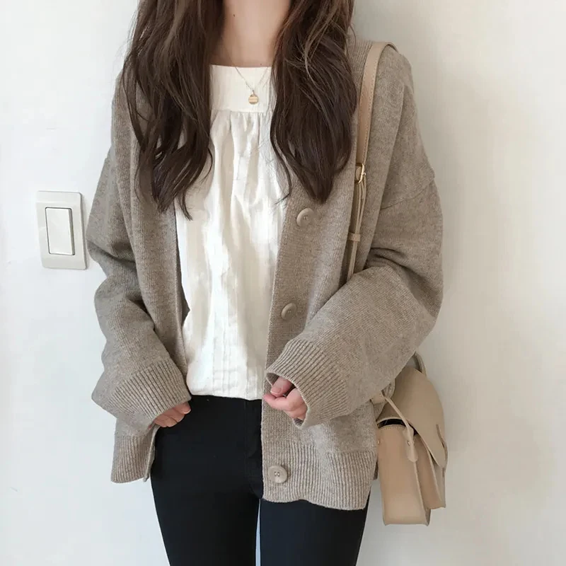 

Solid Single Breasted Soft Knitted Cardigan Women Vintage Simple Lazy Wind Oversized Knitted Coat Autumn Winter V Neck Sweaters