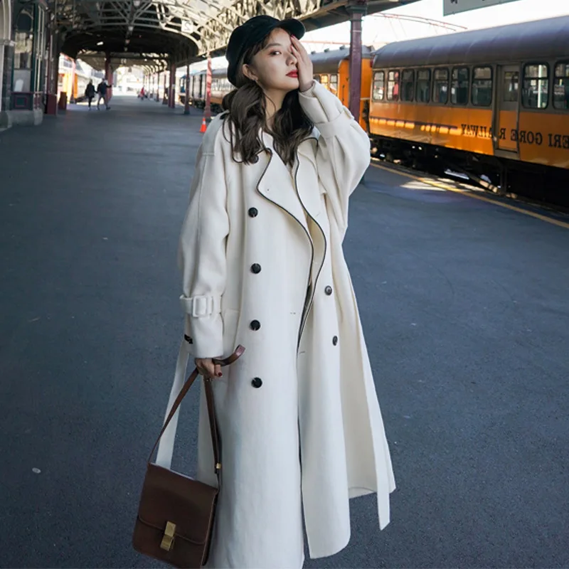 

Женское длинное шерстяное пальто, элегантное винтажное Свободное пальто выше колена, двубортное пальто в Корейском стиле для осени и зимы