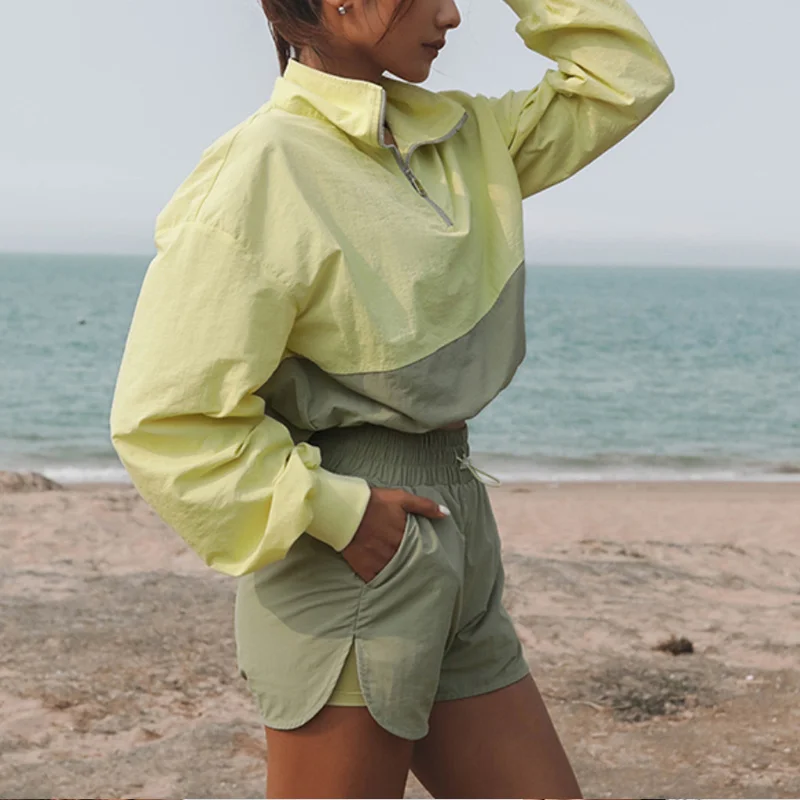 

Zipper Panelled Color Drawstring Sports Suit Long Sleeve Stand-up Collar Sportswear Loose Lady Fitness Fashion Summer Woman