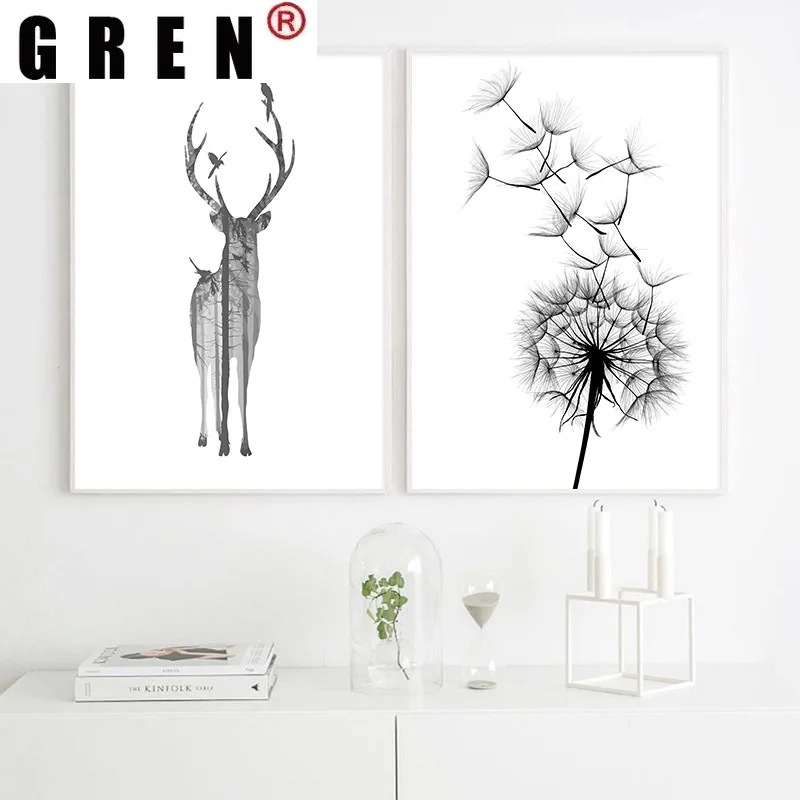 GREN скандинавский Черный Белый олень Одуванчик Картина на холсте Художественная