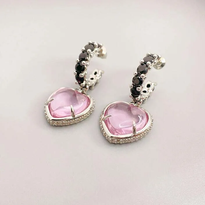 

shiny rhinestone semicircle earrings transparent pink heart pendant fresh fashion sweet cool girl love drop romantic ear jewelry