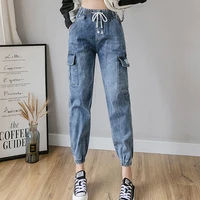 high waist cargo jeans woman streetwear blue mom jeans ladies women pockets denim pants loose jeans mujer