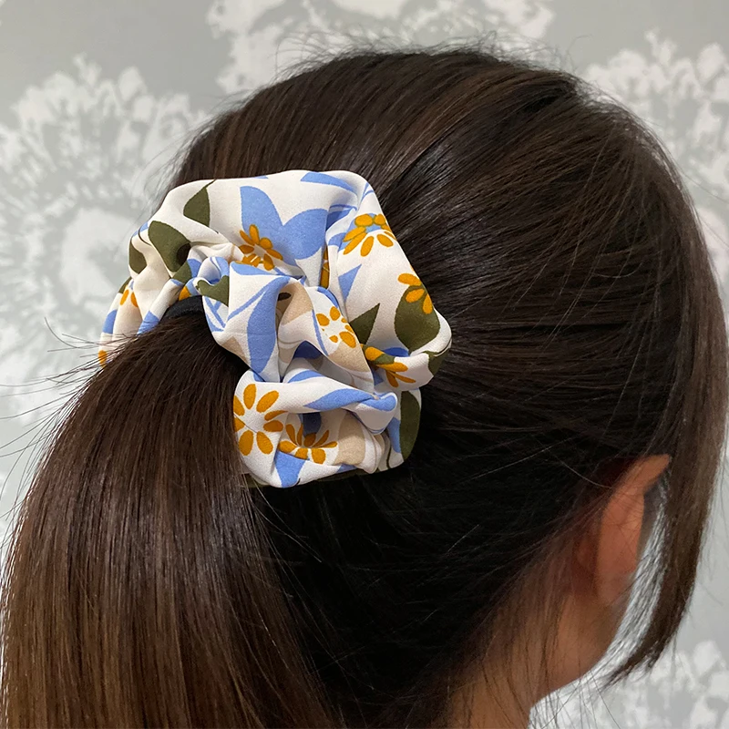 

High Quality Leaf Print Headwear Sweet Korean Floral Scrunchies Ponytail Holder For Women Girl Elastic Rubber Hair Accessories