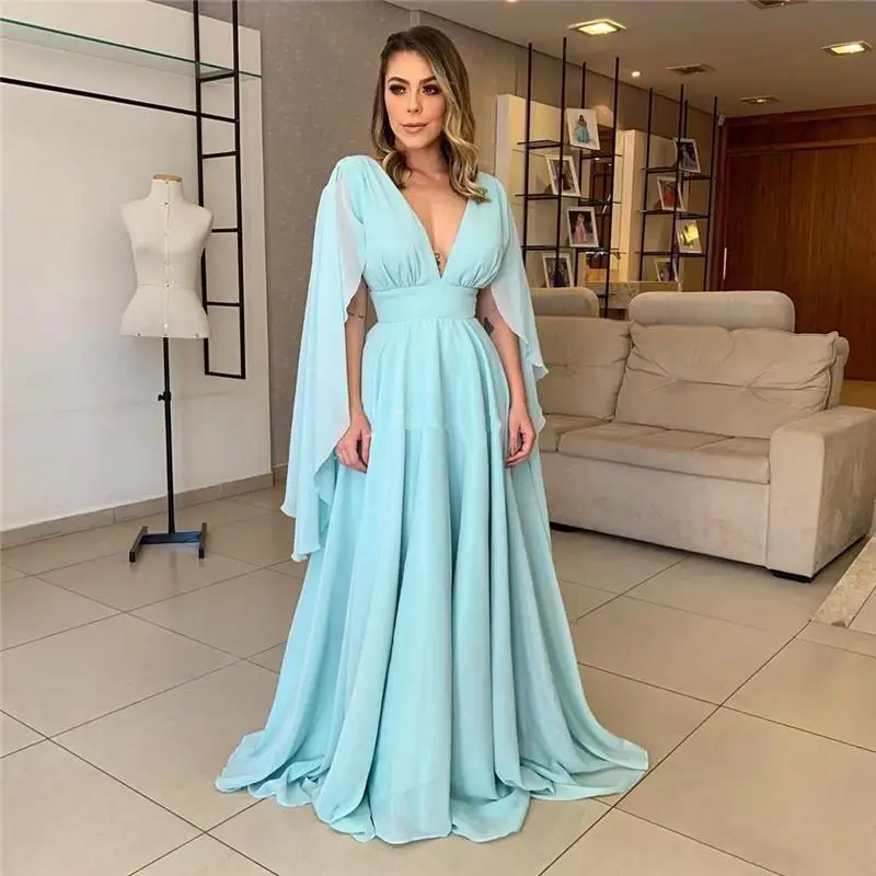 

Sexy V Neck Long Mother of the Bride Dresses Plus Size Elegant Sky Blue Chiffon Formal Grandmother Prom Party Dress Groom Wear