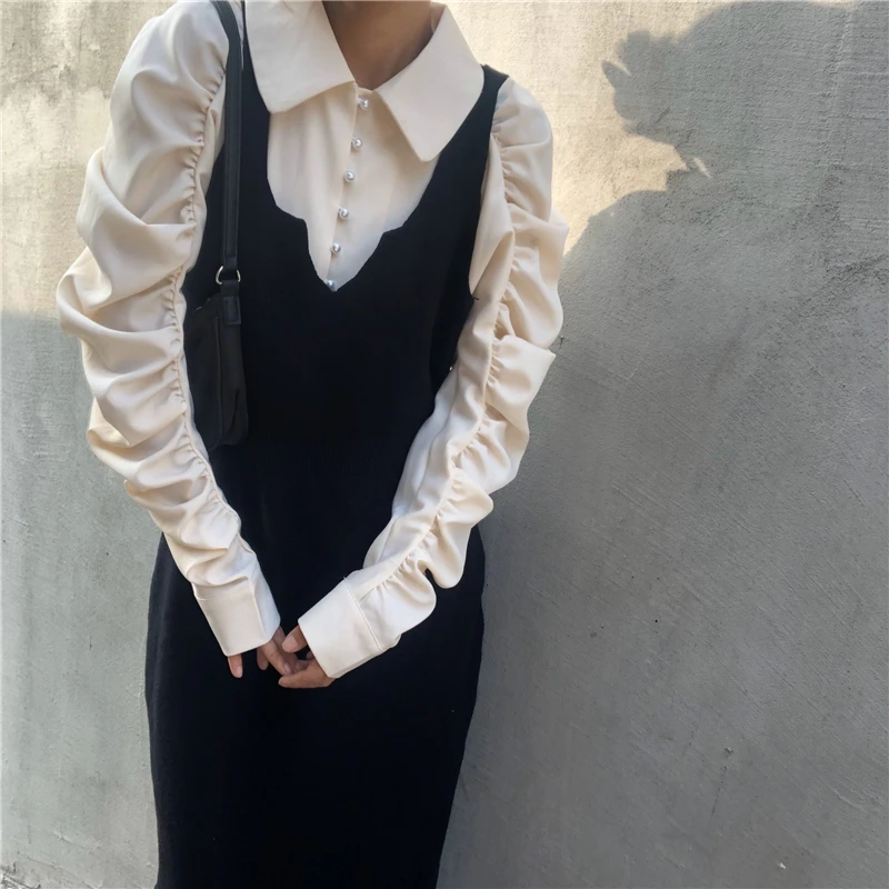 

Fashion new single-breasted long-sleeved pleated design shirt + knitted suspender dress