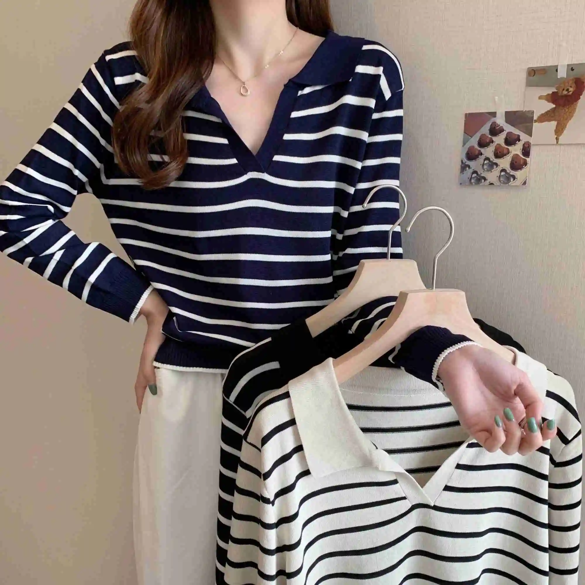 Женская футболка в полоску с V-образным вырезом и длинным рукавом | одежда