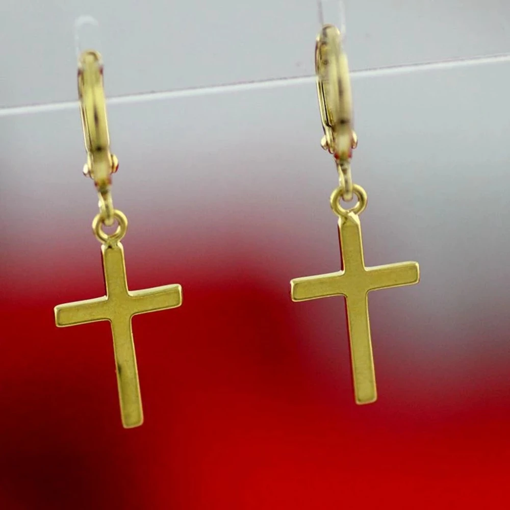 Cross Dangle Earrings Women Smooth Crucifix Jewelry Yellow Gold Filled Simple Style