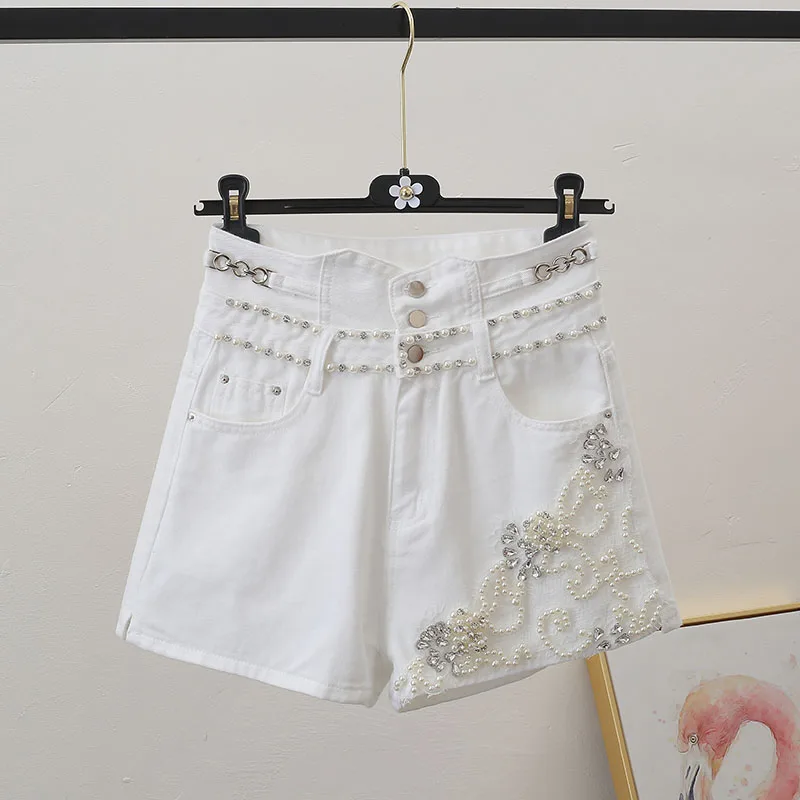 

2021 Summer New Denim Shorts Women's Korean-Style Diamond Beaded High Waist Slimming Loose A- Line Wide Leg Pants Jeans