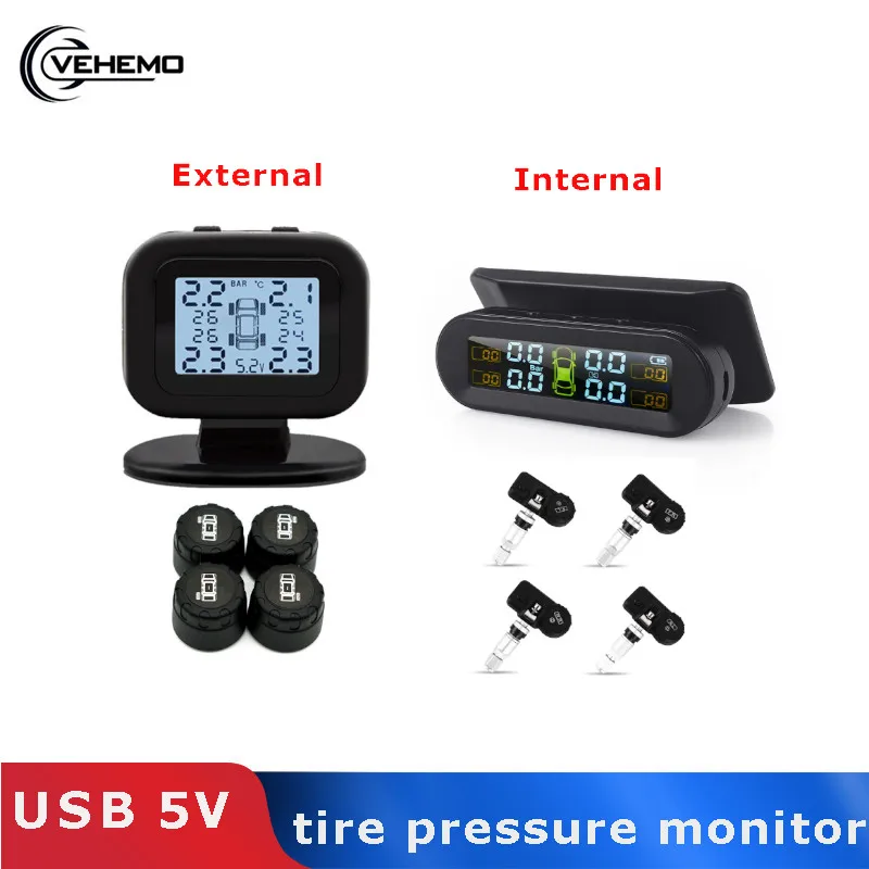 Vehemo 5 в ЖК-дисплей TPMS монитор давления в шинах Универсальный Tmps цифровой USB солнечная зарядка внешний внутренний датчик система мониторинга