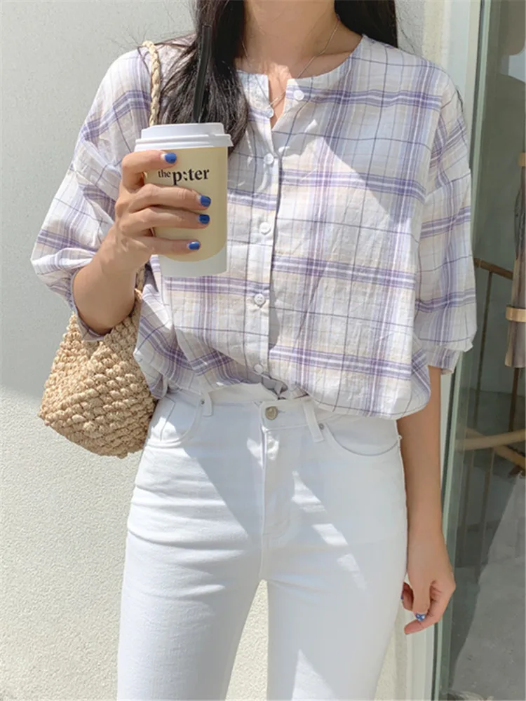 

buttons Cardigan purple plaid girls shirt Summer femme Casual loose Women Linen Cotton Girls Blouse Plus Size Women Blouses