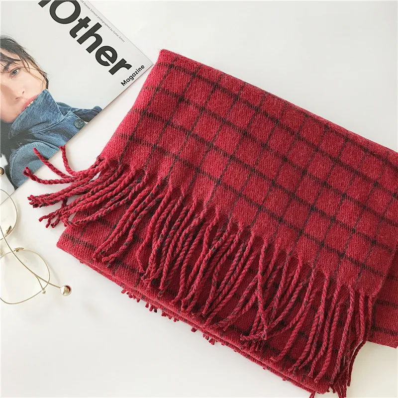 Winter Cashmere Scarves With Tassel Thick Warm Poncho Wool Plaid Print Neck Scarf For Women Fashion Shawls and Wraps Ladies