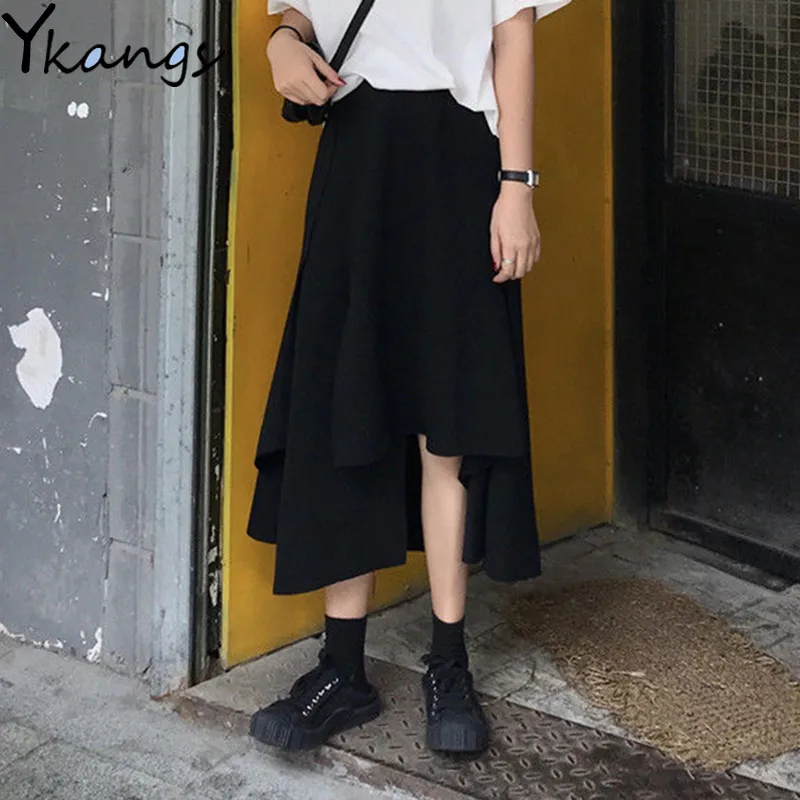 

2020 Summer Women Black Irregular Midi Skirt Female Vintage Gothic Asymmetrical Long Pleated Skirt Girls Party Club Streetwear