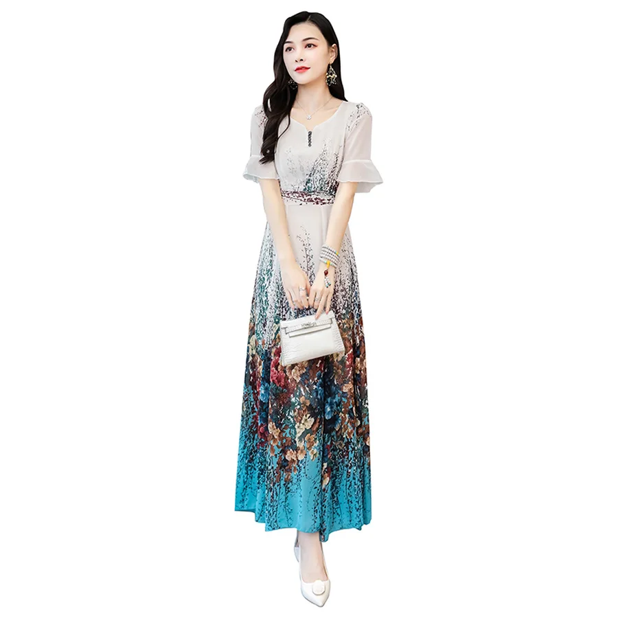 

2021 Spring Summer Boho Vacation Chiffon Maxi Dresses Plus Size Print Vintage Runway Dresses Women Bodycon Party Classy Vestidos