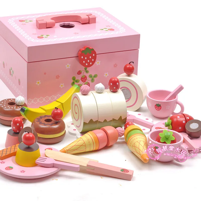 

Children's Wooden Simulation Play House Toys Cake Afternoon Tea Vegetables Fruits Cut Meal Kitchenware Set Toys For Kids