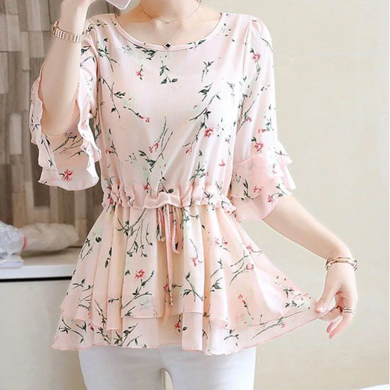 Женская шифоновая блузка с цветочным принтом и круглым вырезом|Рубашки| |