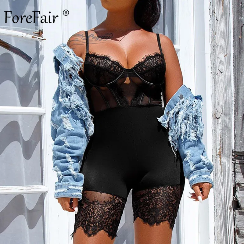 Женский кружевной комбинезон с открытыми плечами Forefair черный на тонких