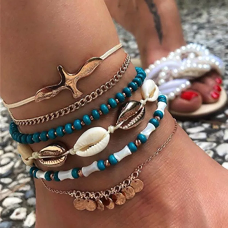 

docona Gothic Shell Sequins Tassel Anklet Set for Women Summer Ocean Beach Multilayer Foot Chains 2021 New Style Bohemia Jewelry