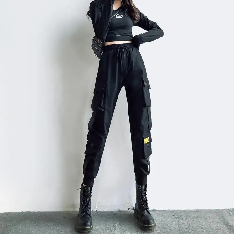 

Women's Cargo Pants Black Ribbon Pocket Jogger Elastic Waist High Streetwear Harajuku Pant Punk Females Trousers Harem Pants