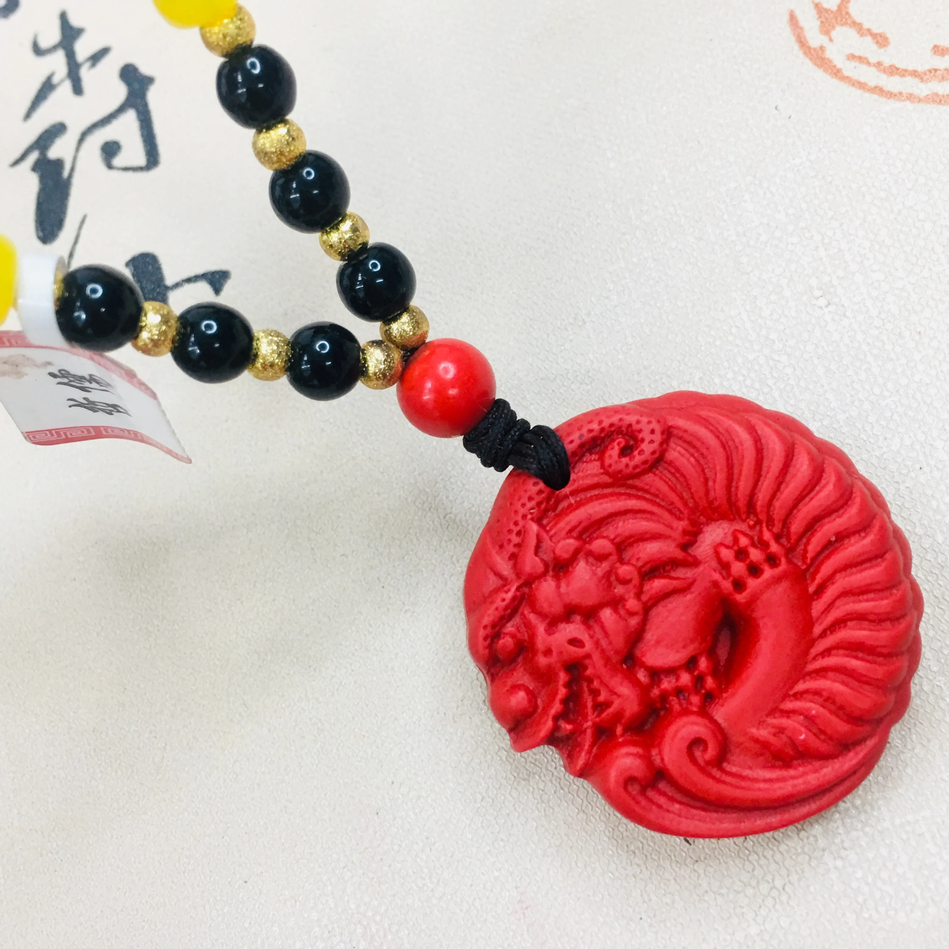 Zheru natural cinnabar carved red curved dragon pendant with bead necklace men and women sweater chain | Украшения и аксессуары