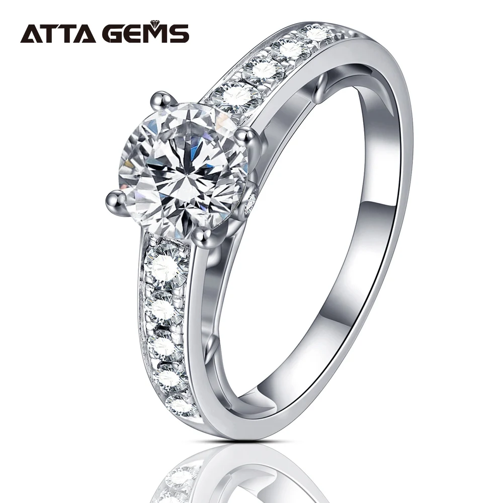 

ATTAGEMS 1.0CT Moissanite 18K White Gold Plated 925 Silver Rings for Women Round Cut Solitaire Hidden Halo Ring for Engagement