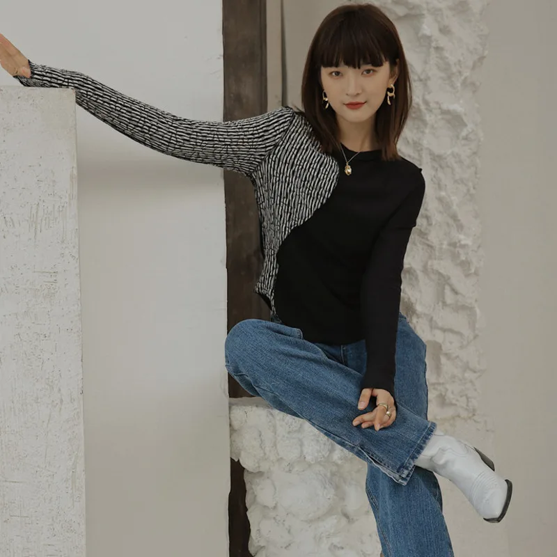 

Patchwork Top Stitching T Shirt Women O-neck T Shirts Spring Summer All Match Shirts Femme Fashion Clothing C704
