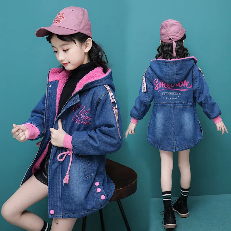 Girls Jackets Winter Thick Cowboy Coats Lamb Wool Children Outerwear Berber Fleece Girl Denim Long Jacket Kids | Детская одежда и