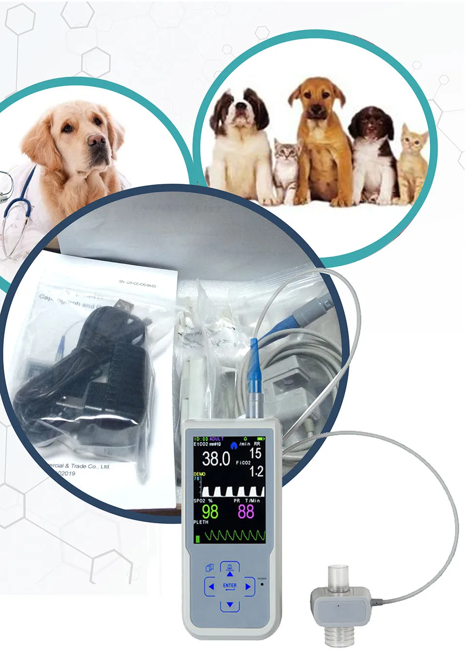 Uvet ветеринарное животное SPO2+ ETCO2 мониторинг портативный ветеринарный Кот и собака Монитор пациента SPO2+ ETCO2 мониторинг