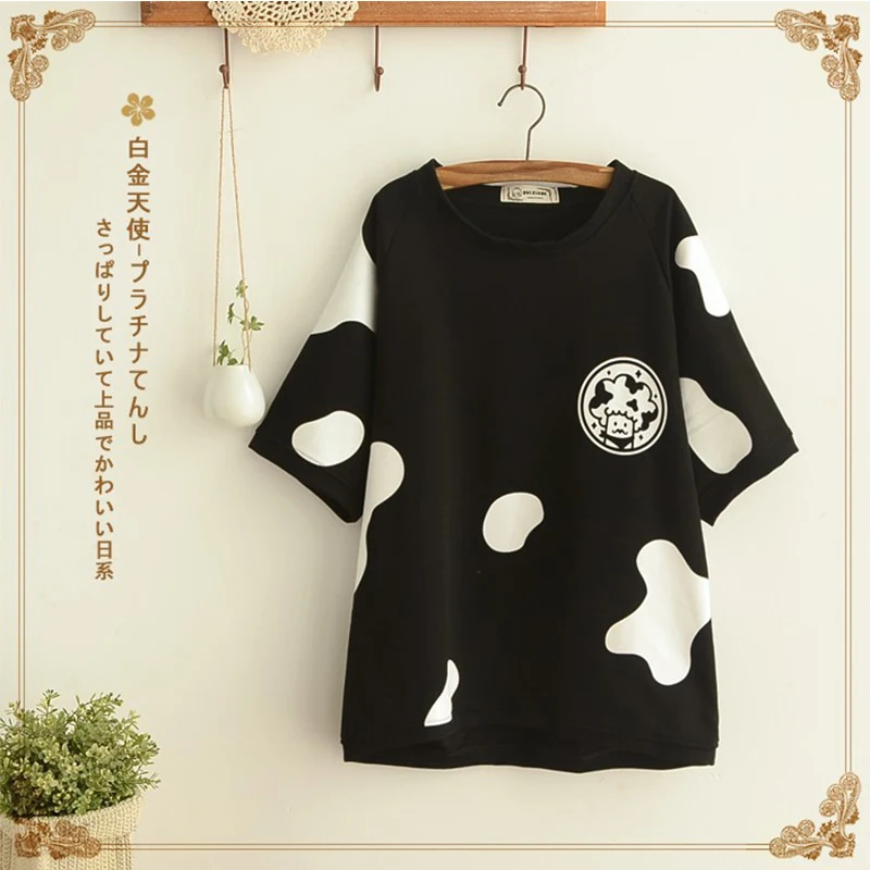 

Japanese Mori Girl Line Student Cow Print Women's round Neck Loose Short-Sleeve Pullover T-shirt
