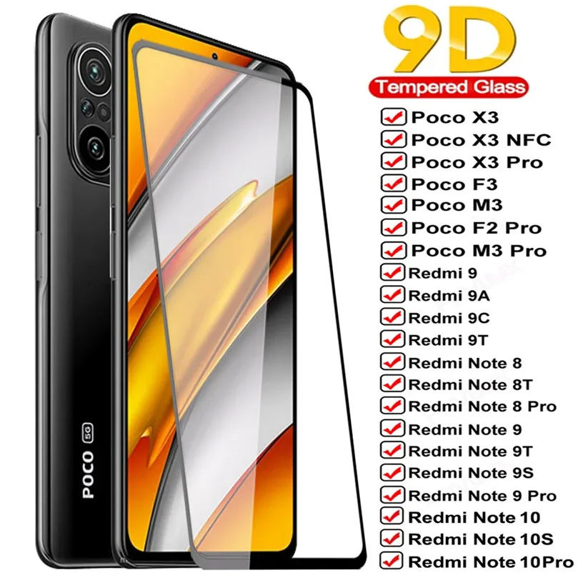 

9D Tempered Glass for Xiaomi Redmi Note 10 8 9 Pro Note 9s 10s 9A 9C 9T 8T Screen Protectors for Poco X3 Pro NFC F3 M3 F2 Glass