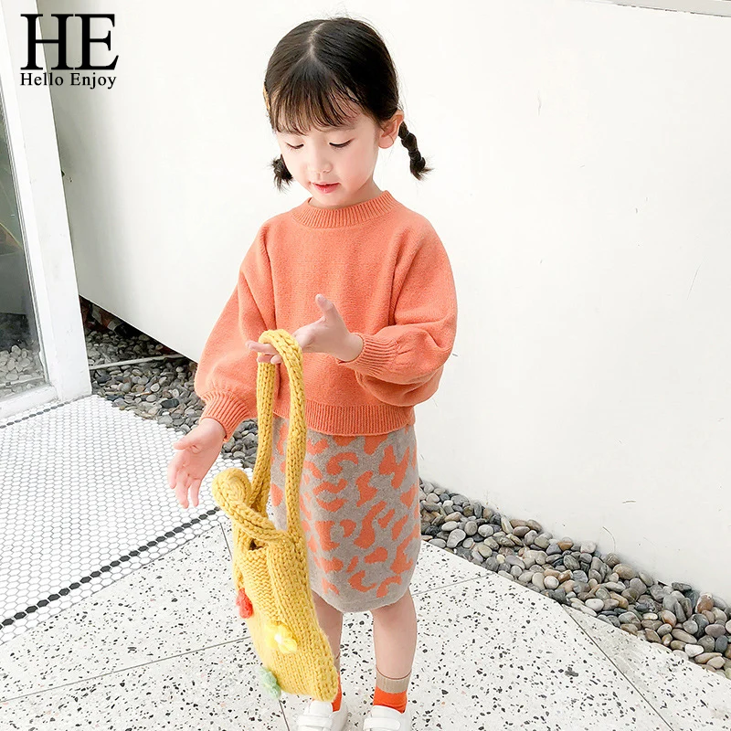 

HE Hello Enjoy Autumn Girls Knitted Sweater and Skirt Suit Children's Comfortable Top Stitching Printed Pattern Winter Clothing