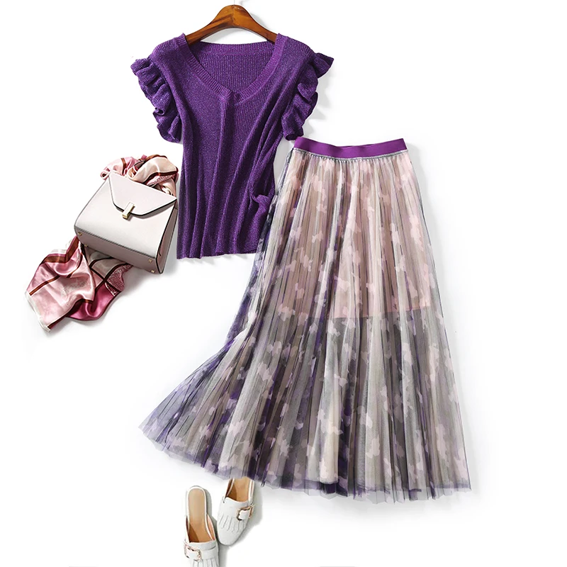 

Летние новые женские комплекты, вязанные топы с оборками и рукавами + ультра длинные элегантные газовые юбки с цветочным рисунком, женские костюмы богини, платье из 2 предметов