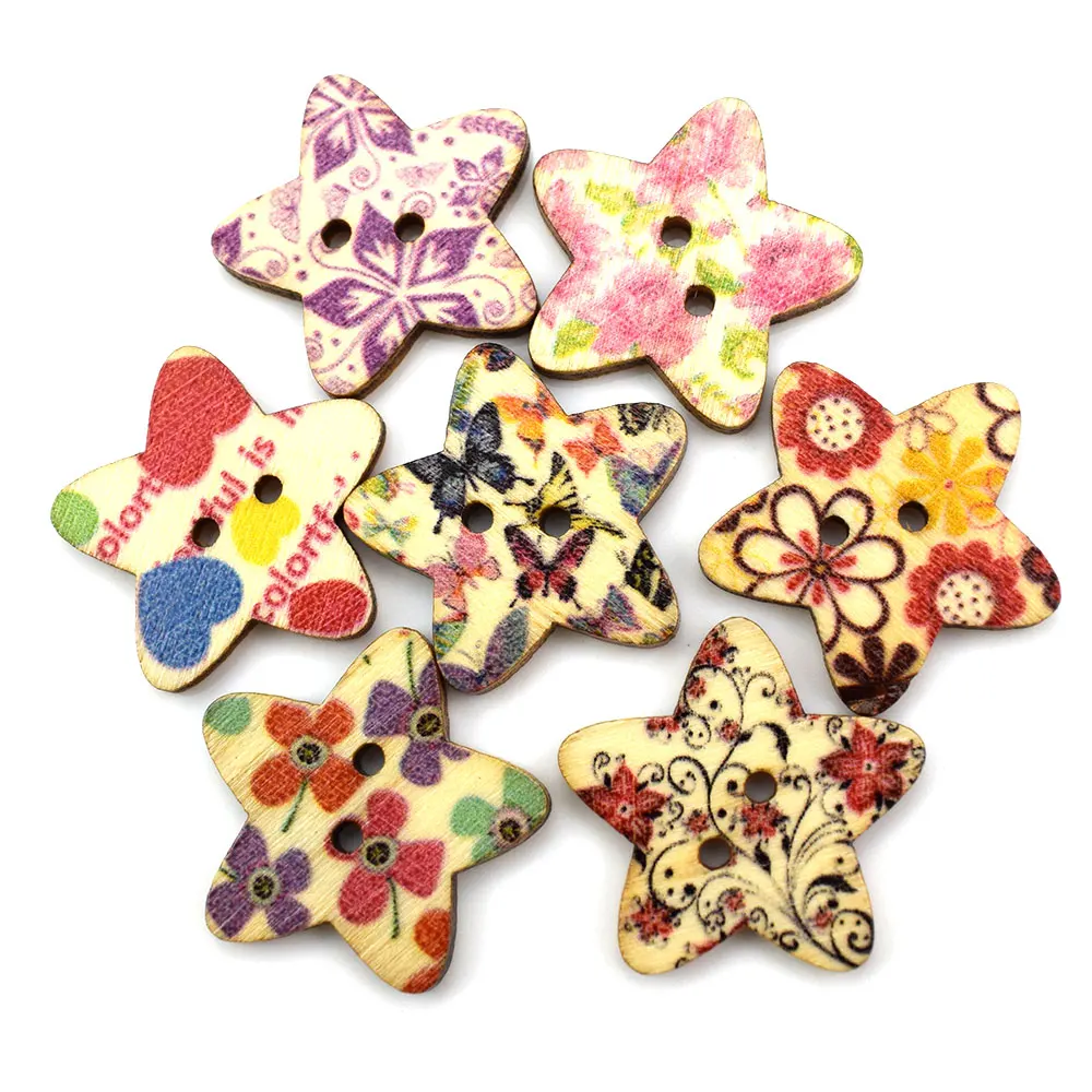 

300PCS Mixed Star Wooden 2 Holes Buttons for Clothing Needlework Scrapbooking Wood Botones Decorative Crafts Diy Accessories