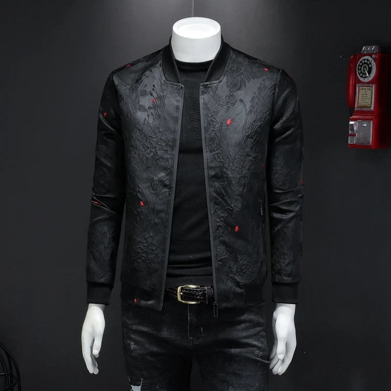 

Spring Autumn Men Casual Jacket Coat Flower Slim Fit Pattern Bomber Jacket Men 4xl Puff Jacquard Black Bomber Jacket Men
