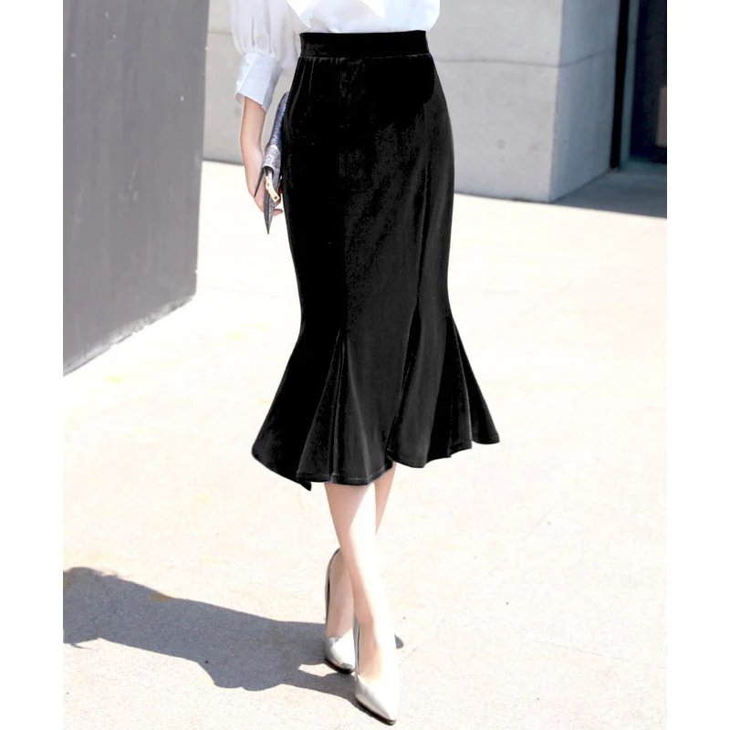 Осенне-зимняя женская Золотая Бархатная юбка русалки черная велюровая