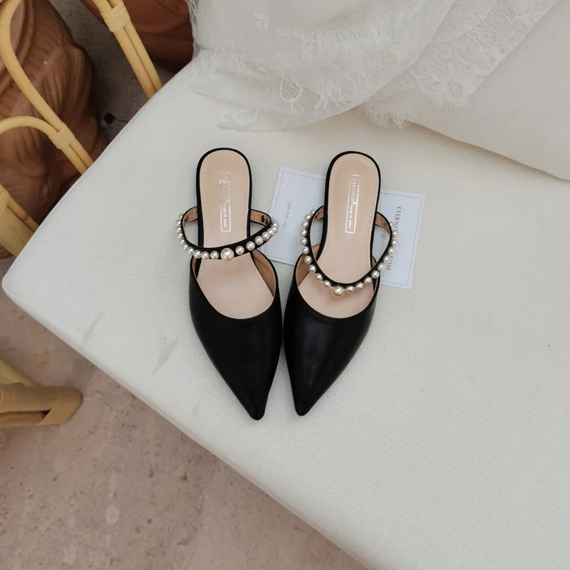 

Shoes Woman 2021 Pointed Toe Slippers Casual String Bead Pantofle Female Mule Luxury New Mules Flat Soft Cover Rubber Slides Rom