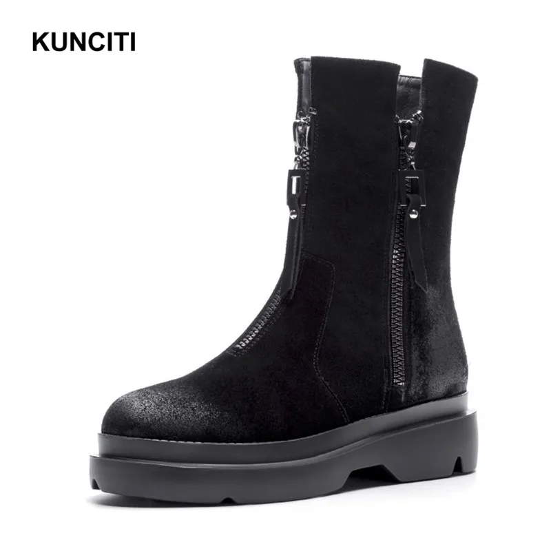 Black KUNCITI/Брендовые ботильоны в байкерском стиле; женская обувь на молнии; сезон осень-зима; замшевые ботинки-гладиаторы в стиле панк; Новая мода; D9225 - Цвет: Black